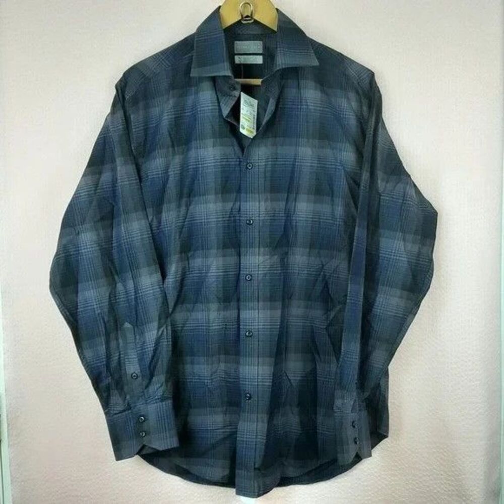 NEW Thomas Dean 100% Cotton Men Shirt Long Sleeve Plaid Black Blue Size M